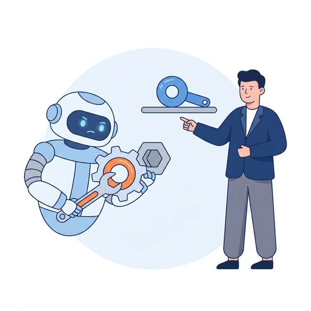 A robot keeps patching the wrong tool while a person points to the right one
