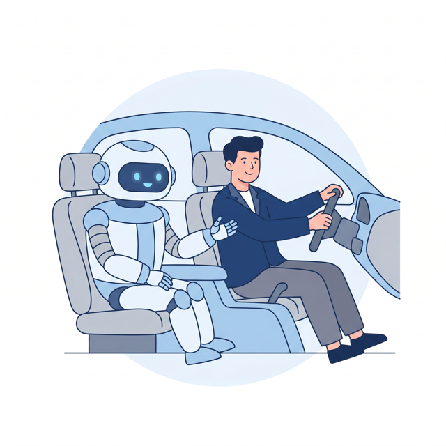 A person drives while a friendly robot assists from the passenger seat