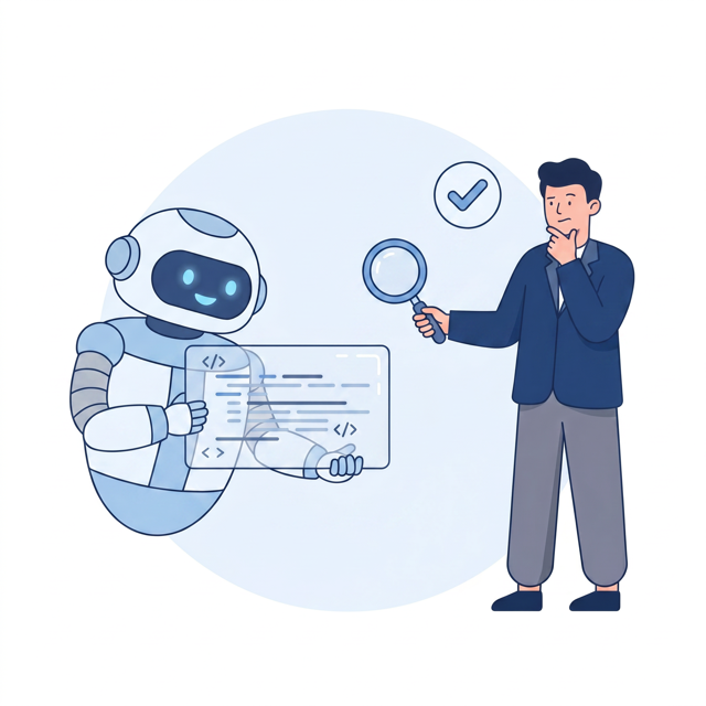 A person reviews and judges AI-generated code held up by a robot