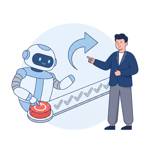 A robot about to restart completed work while a person points to resume