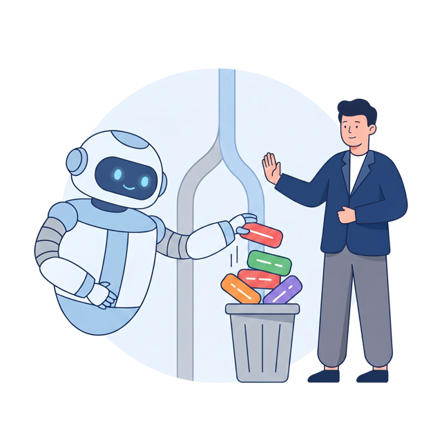 A person stops a robot from discarding other engineers' colored code blocks