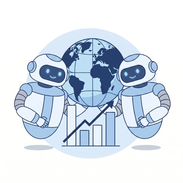 Two robots beside a globe and a rising chart, suggesting a narrowing gap