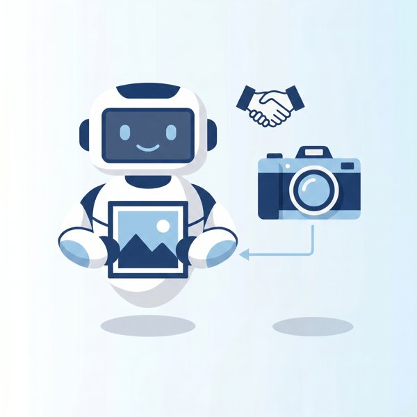Robot holding a framed photo beside a camera and a handshake