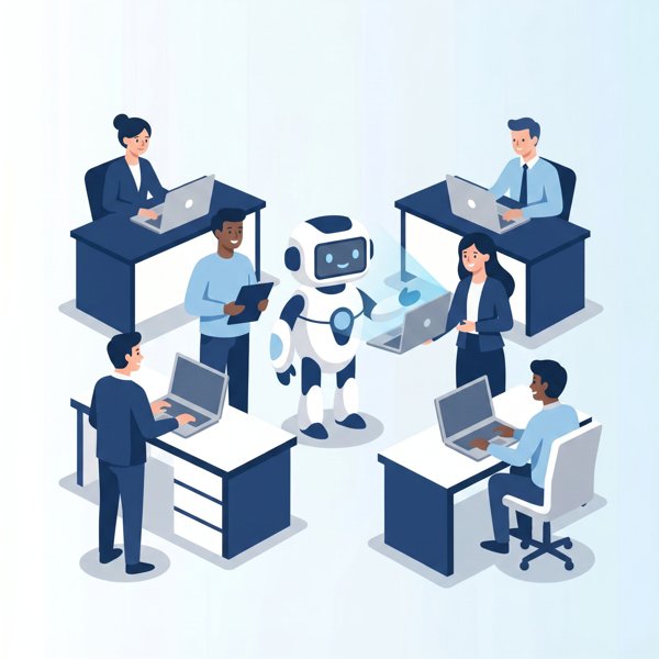 Robot assisting a group of office workers at their desks