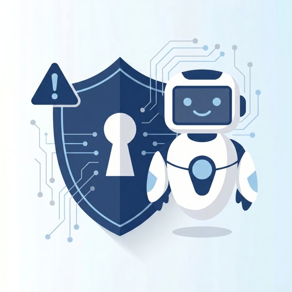 Robot beside a shield with a keyhole and a warning sign