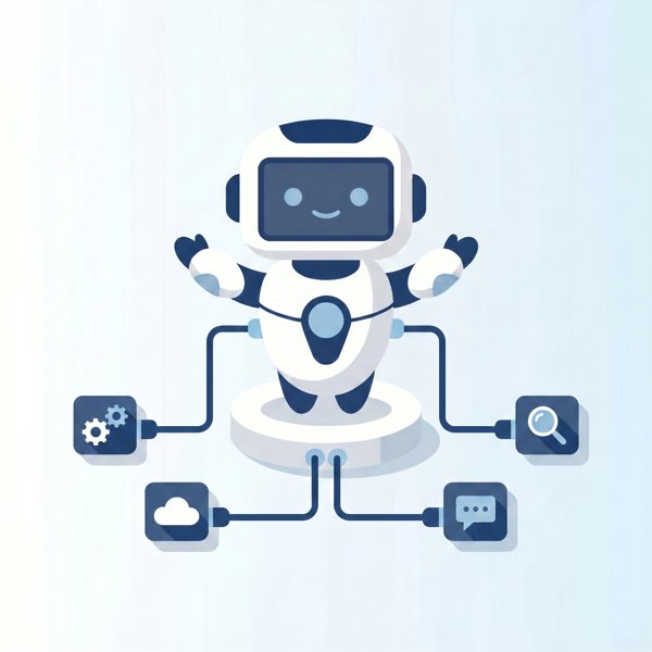 Robot connected to a single central hub with tool icons plugging in