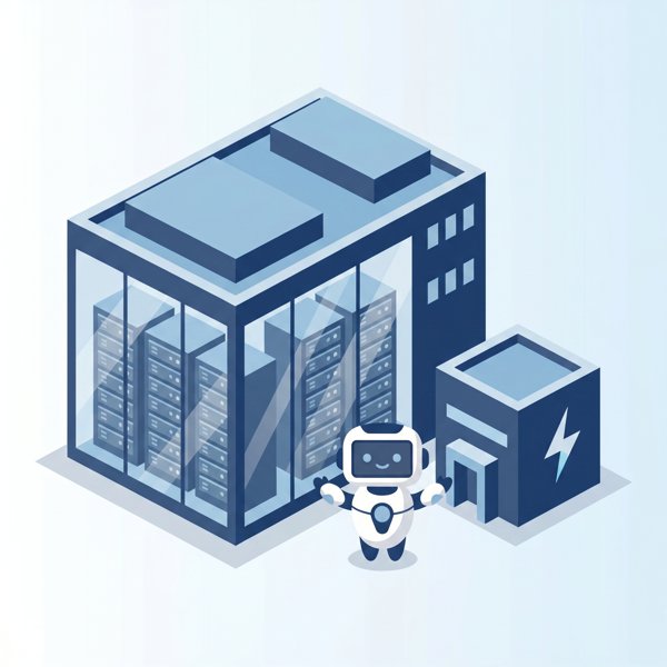 Data center building next to an on-site power plant with a robot