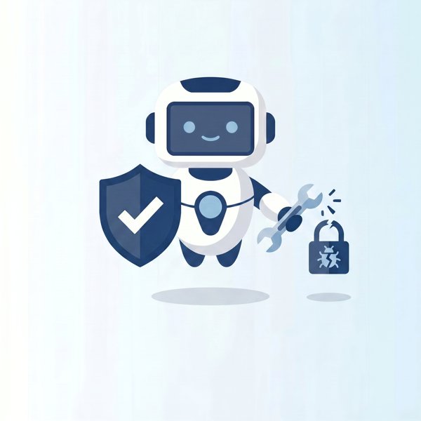 Robot with a shield and wrench fixing a bug lock icon