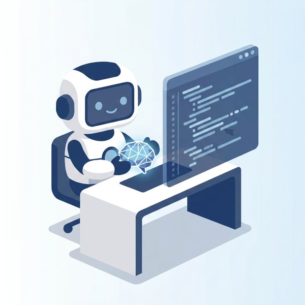 Robot at a workstation holding its own glowing model core beside a code window