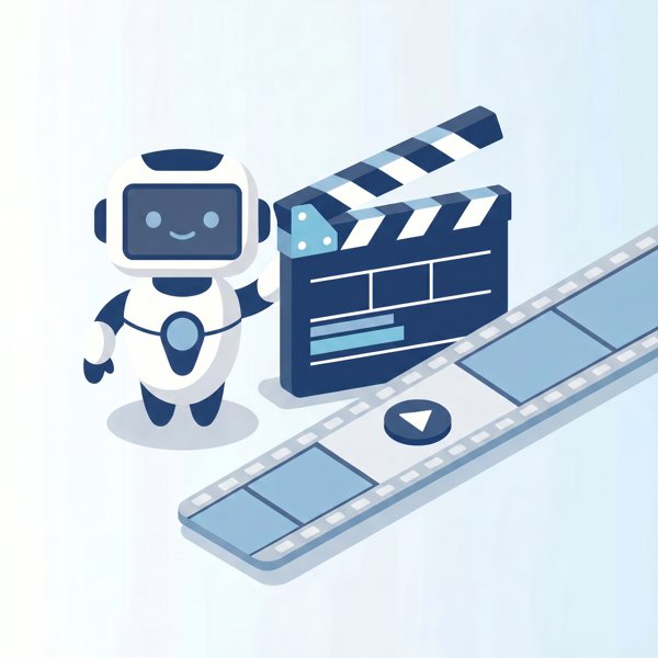 Robot beside a film clapperboard and a video timeline strip