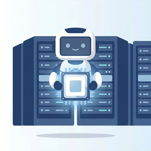Robot holding a processor chip in front of server racks