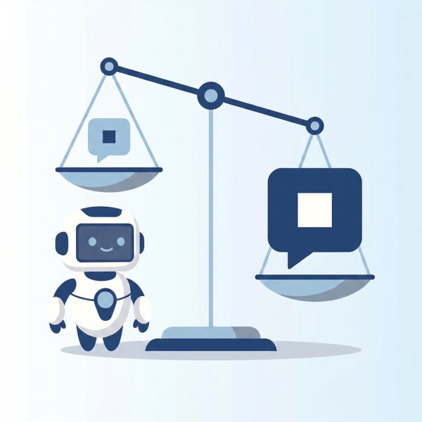 Robot beside an unbalanced scale holding two differently sized speech bubbles