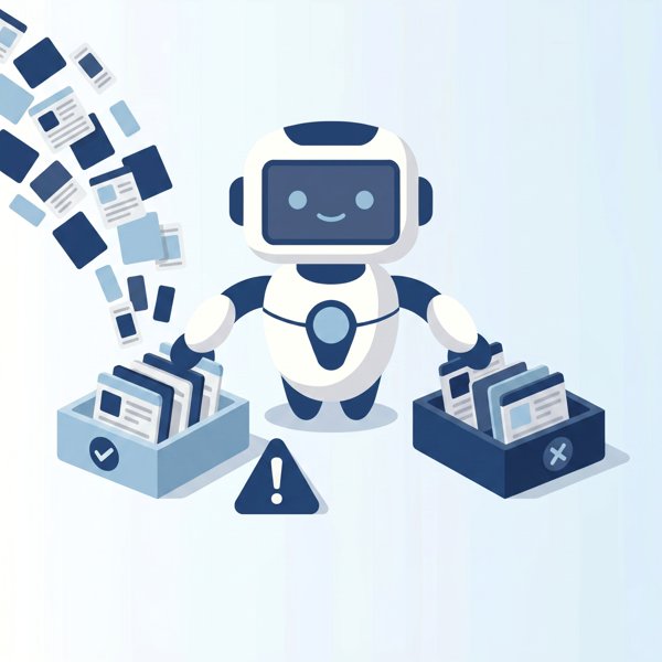 Robot quickly sorting content cards into approve and remove trays with a caution sign