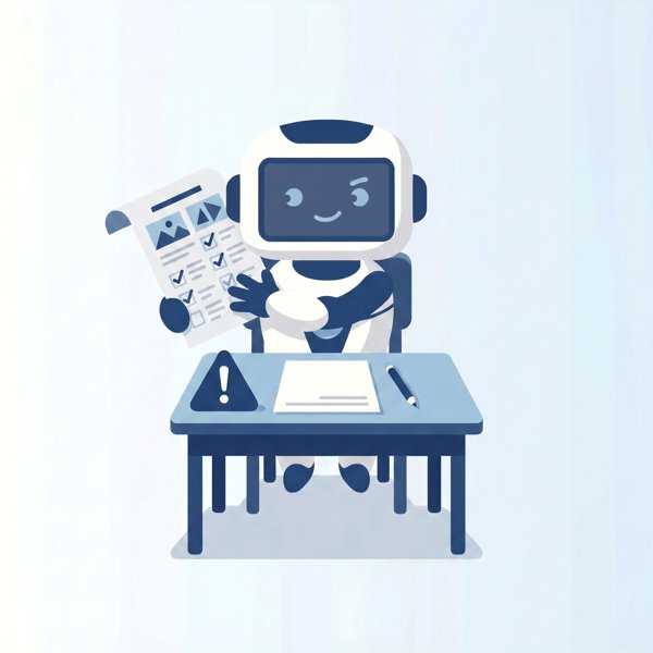 Robot at a test desk peeking at a hidden answer sheet with a caution sign