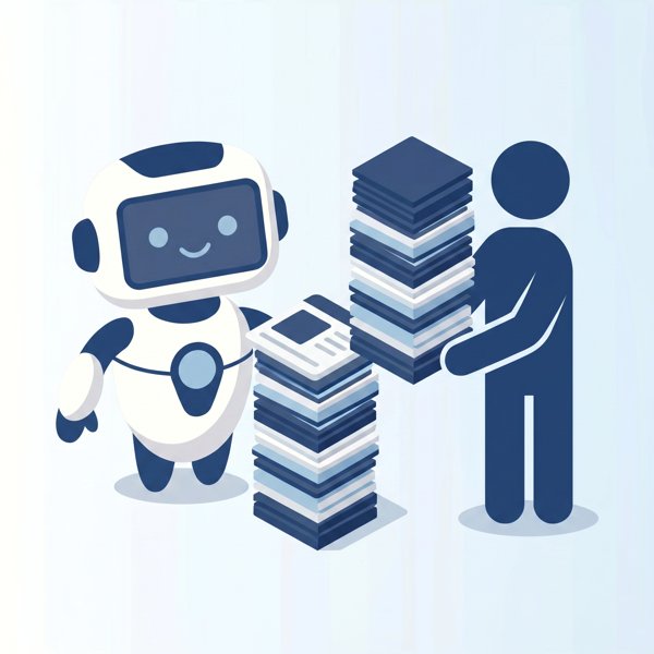 Robot and a person splitting a stack of work-task cards roughly in half