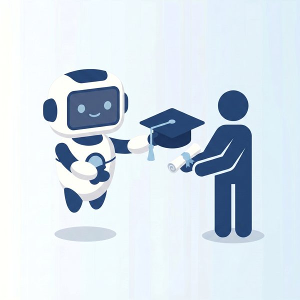 Robot handing a graduation cap and certificate to a person