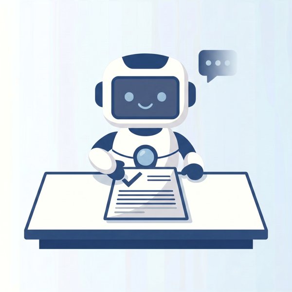 Robot placing a checkmark on a completed document as a chat bubble fades