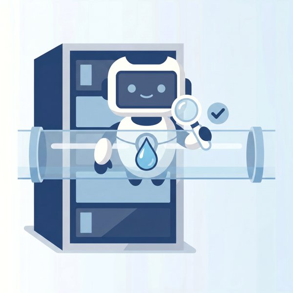 Robot checking a transparent coolant pipe on a server rack with a sensor