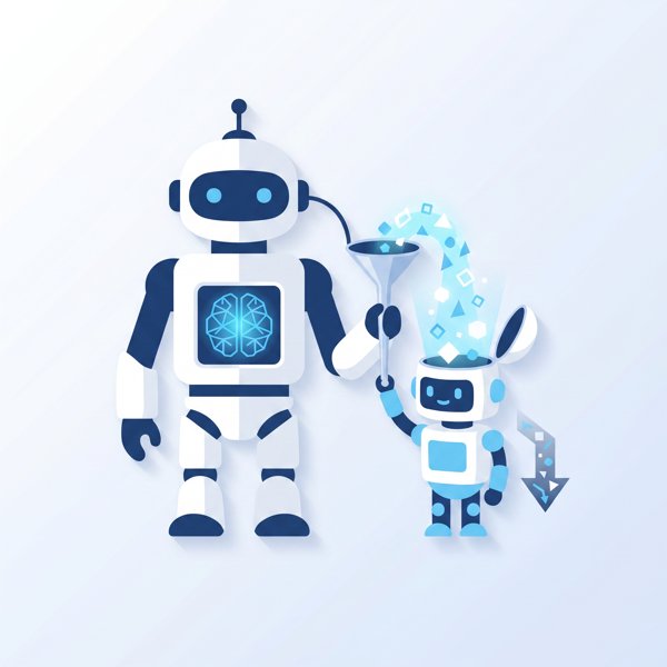 A small robot funneling knowledge out of a larger robot's brain with a downward cost arrow
