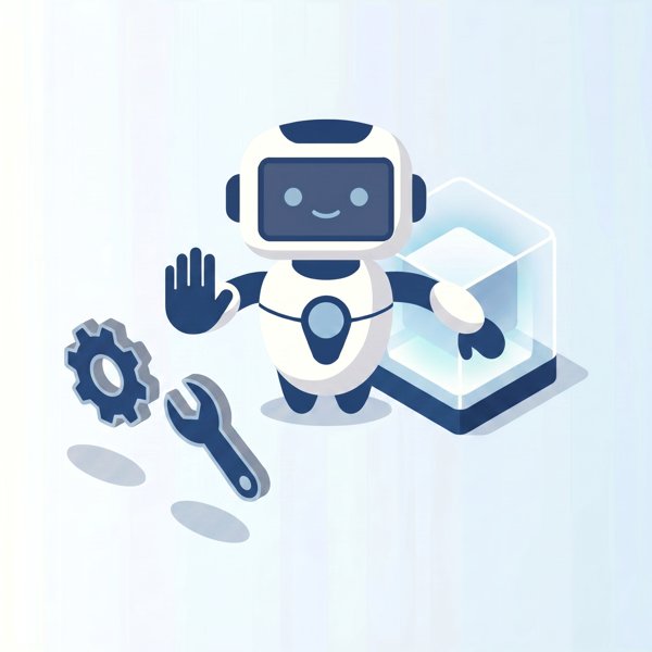 Robot raising a stop hand at rival tool icons while shielding its own data box