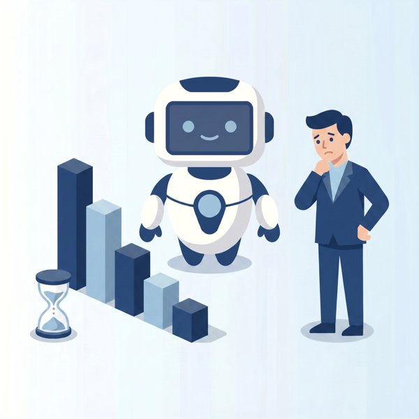 Robot beside a shrinking bar chart and hourglass with a worried consultant