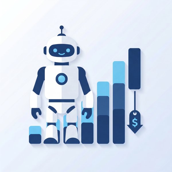 Robot beside a rising bar chart with a downward price tag