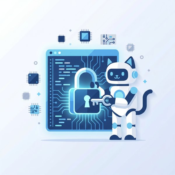 Cat-shaped robot opening a padlock over a code block with chip icons
