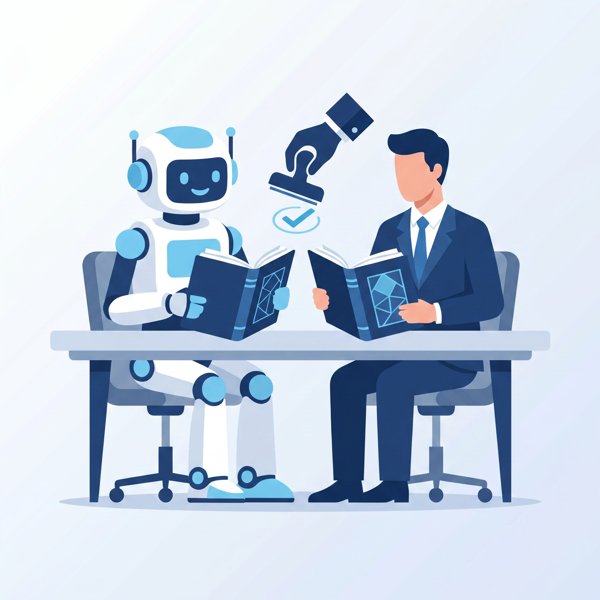 Robot and a suited person reconciling ledgers with a human approval stamp