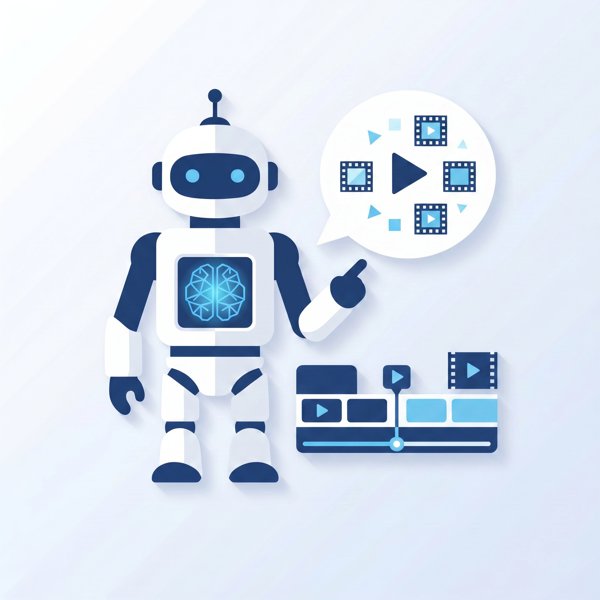 Robot editing a video timeline via a speech bubble instruction