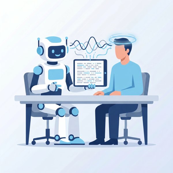 Robot reading a person's brain signals and turning them into text on a screen
