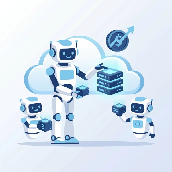 Robot renting out glowing server racks from a cloud to smaller robots