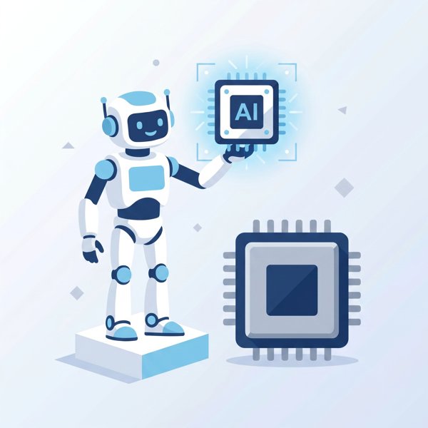 Robot holding up a glowing specialized AI chip beside a larger generic chip