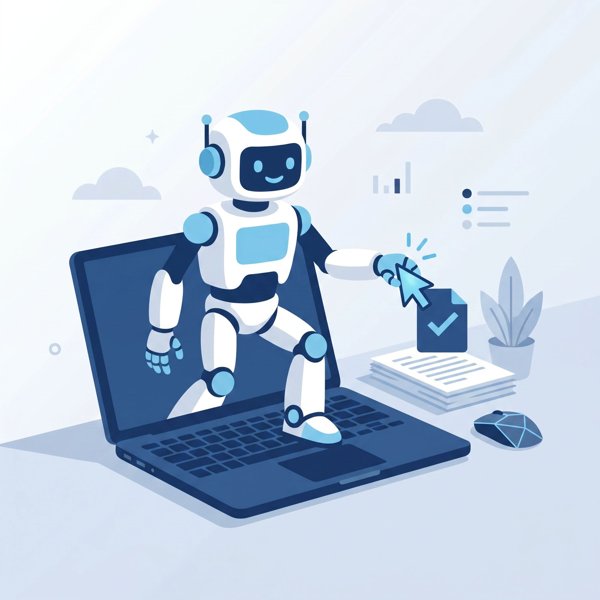Robot assistant stepping out of a laptop and clicking to take an action