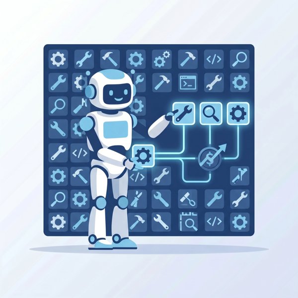 Robot picking a few relevant tool icons from a large wall of tools and wiring them into a flow