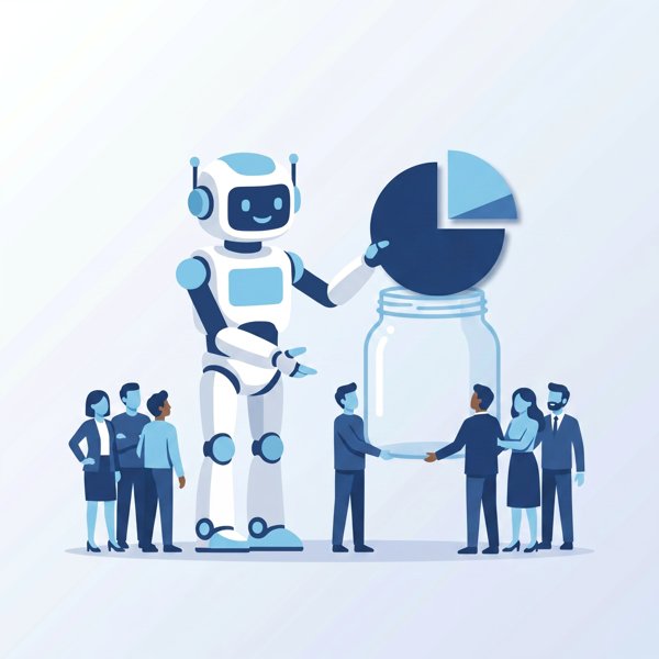 Robot placing a slice of an equity pie into a public fund jar held by a crowd
