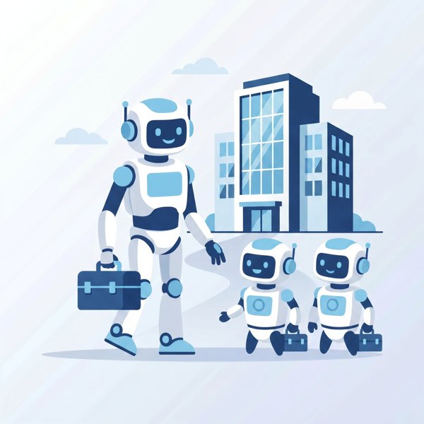 Robot leading a small team of helper robots with toolboxes toward an office building