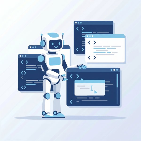 Robot working in a code editor window among several rival editor windows