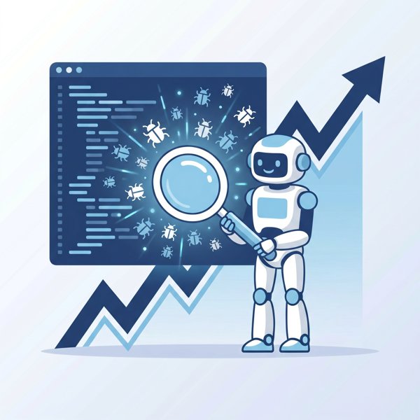 Robot with a magnifying glass discovering many bugs bursting from a code screen with a rising chart