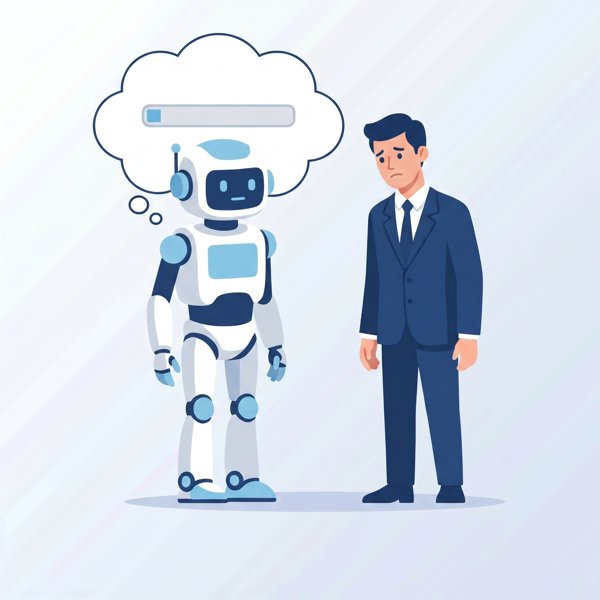 Robot with a slow progress bar thought bubble beside a concerned executive