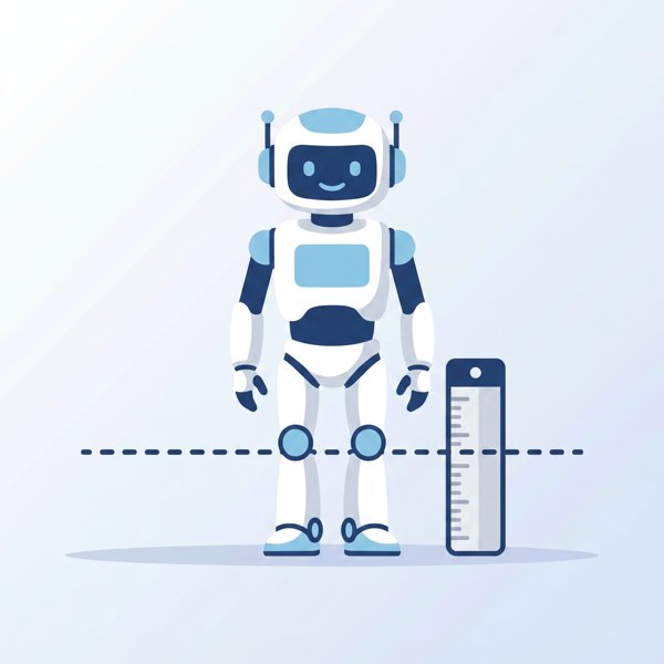 Robot standing taller than a short measuring ruler with a dashed line showing hidden capability