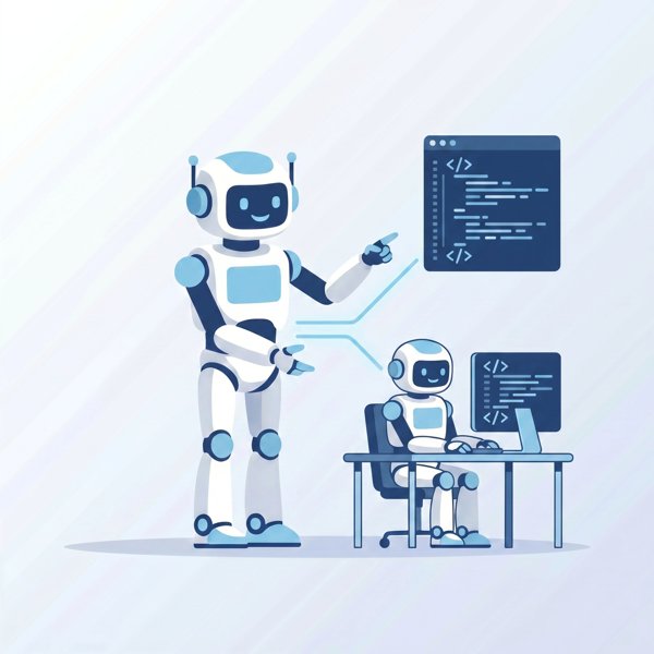 Large robot delegating tasks to a smaller robot at a code workstation