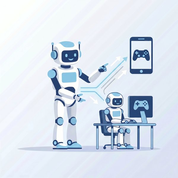 Robot at a laptop converting a game from a PC screen to a phone