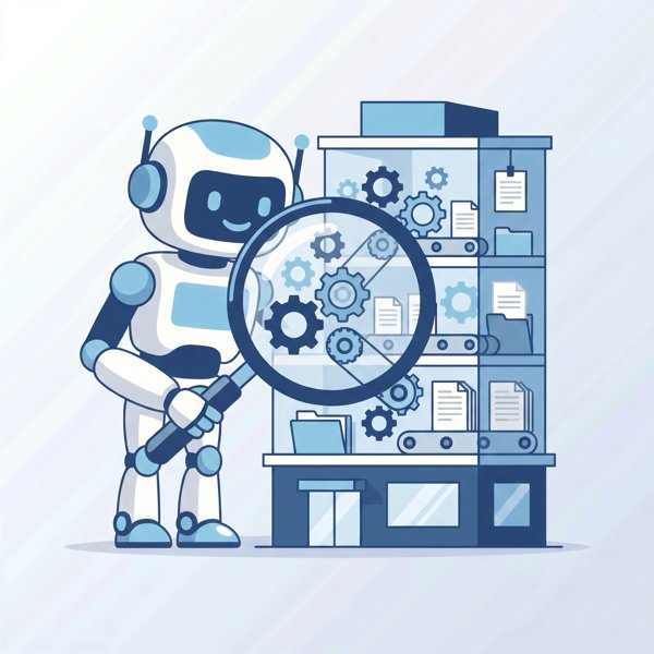 Robot peering through a magnifying glass at a building's inner workings