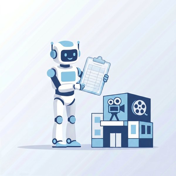 Robot holding a clipboard toward a film studio building