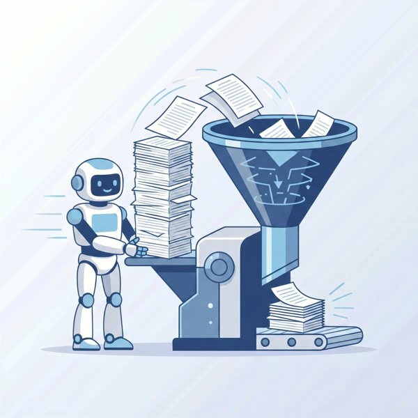 Robot processing a tall stack of documents through a funnel machine into a small finished stack