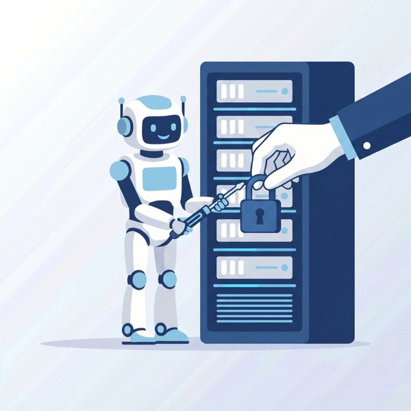 Robot trying to break into a server rack while a human hand guides it from behind