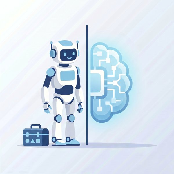 Robot separated from a glowing brain by a dividing line, with a toolbox on one side