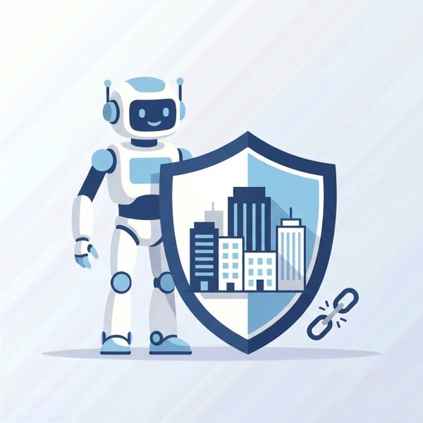 Robot with a shield protecting enterprise buildings, with a broken chain link