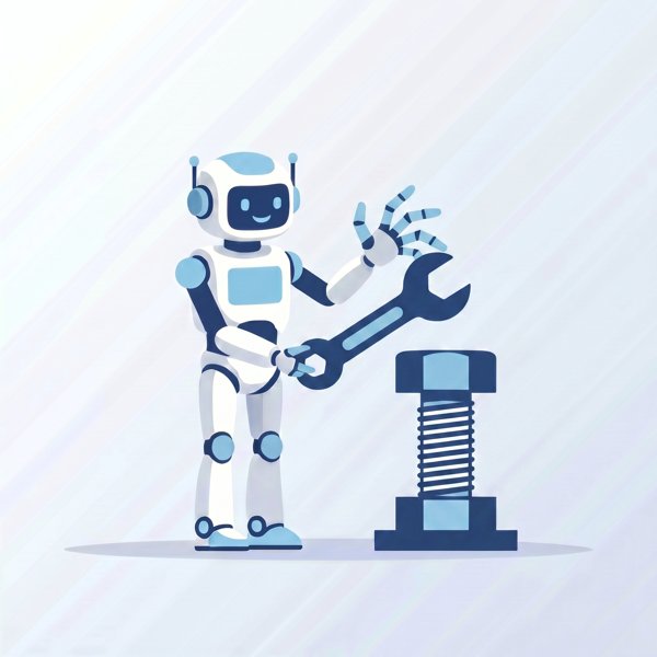 Robot with a wrench that does not fit a bolt because of extra fingers on its hand