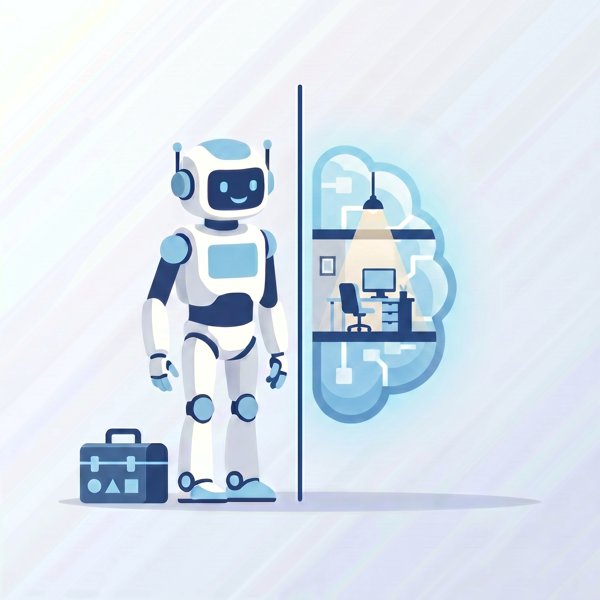 Robot with a transparent brain showing a hidden workspace room inside
